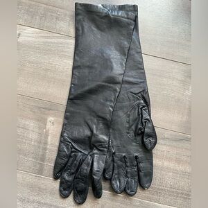 Vintage Long Black Leather Gloves Lined with Silk Opera Length